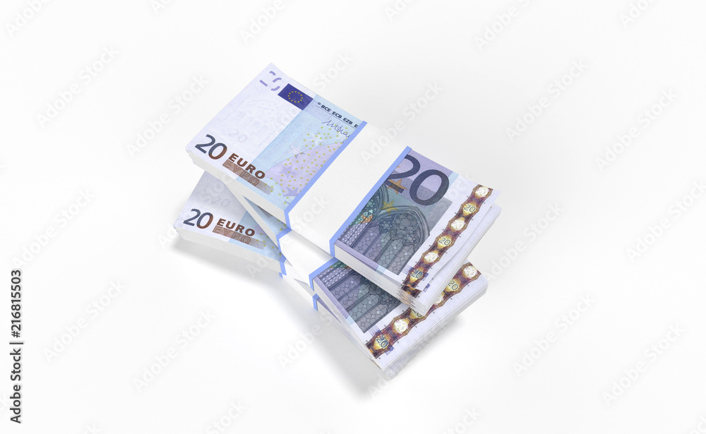 3D realistic render of 20 Euro money lots forming a pile isolated on white background. 3D realistic render of 20 Euro money lots forming a pile isolated on white background.