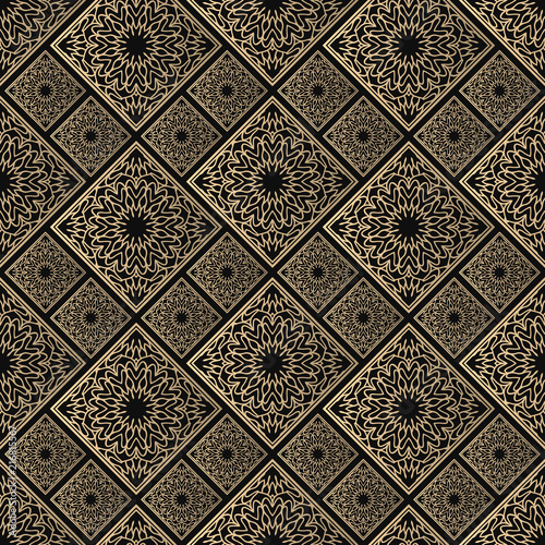 Seamless pattern oriental ornament. Black and golden textile print. Islamic vector design. Floral tiles.