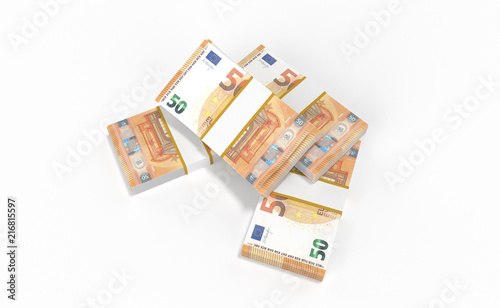 3D realistic render of 50 Euro money lots forming a pile isolated on white background.