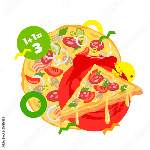 Piece of pizza vector illustration, Italian pizza Festival template for invitation, cafe, bar menu, web, mobile, logo, infographics, postcards, T-shirt, banner, poster, promotion, advertising 