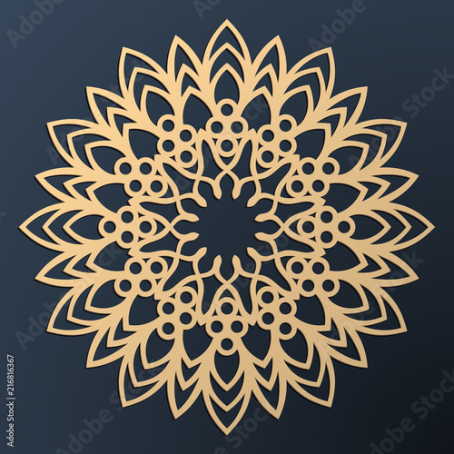Laser cutting mandala. Golden floral pattern. Oriental silhouette ornament. Vector coaster design. © Serge Zimniy