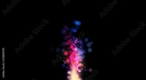 Dark abstract bokeh background  magic smoke and sparks  neon