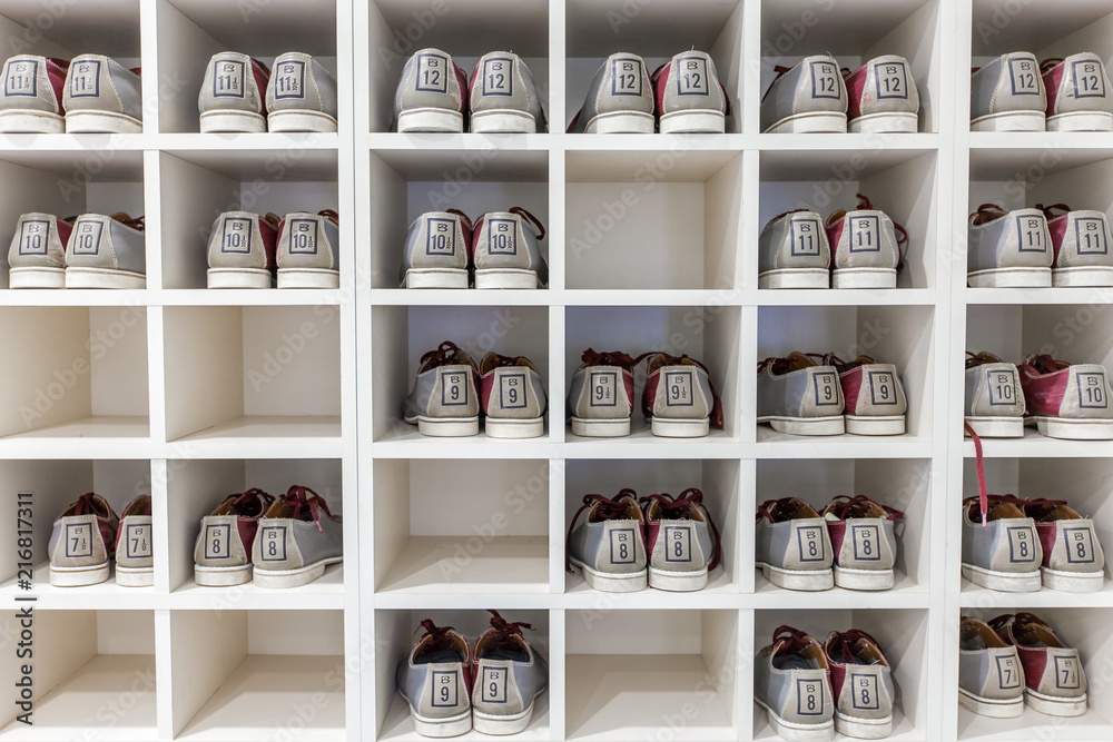 bowling shoes on shelves