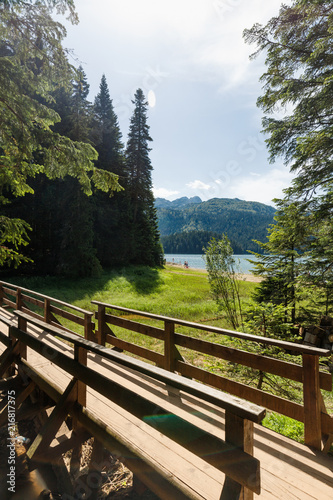 landscape, nature, sky, bridge, mountains, grass, forest, green, meadow, summer, blue, trees, clouds, wooden, view, path, park, lake, water