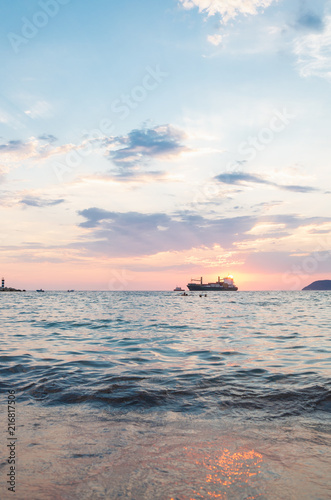 sunset, sea, ship, water, sky, sunrise, travel, horizon, cargo, evening, orange, beach, landscape, nature, silhouette, cruise, summer, clouds, beautiful, coast, transport