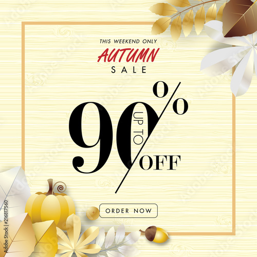 autumn sale banner background ,ninety percent sale off with golden leaf on wood texture vector or illustration