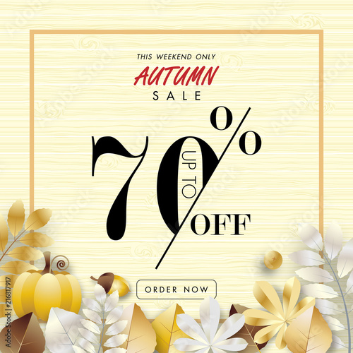 autumn sale banner background ,seventy percent sale off with golden leaf on wood texture vector or illustration