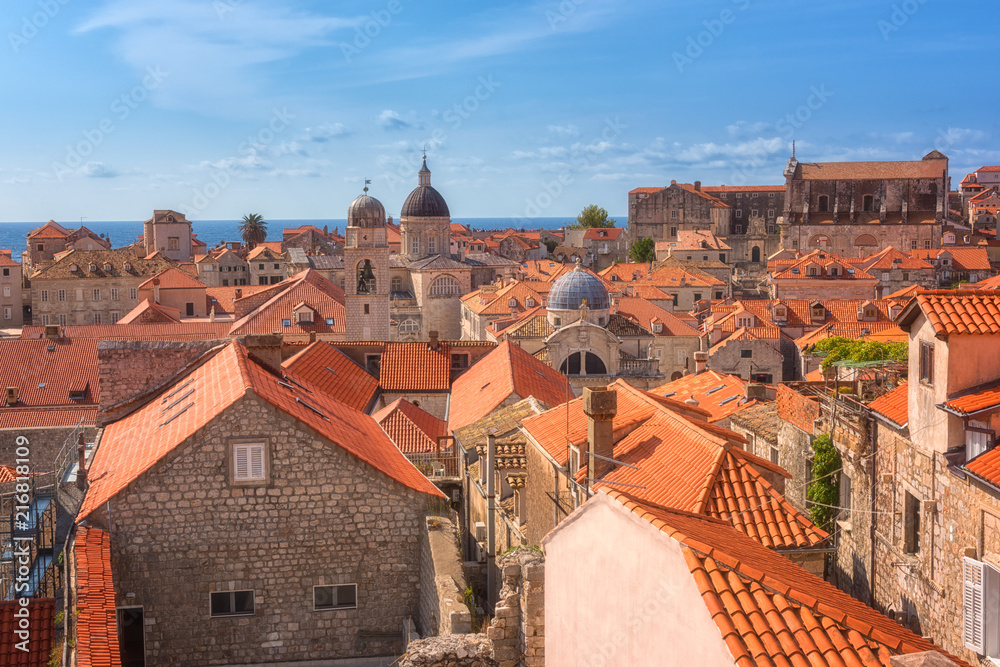 Red tiled roofs of Dubrovnik Old Town, view from the ancient city wall. The world famous and most visited historic city of Croatia, UNESCO World Heritage site