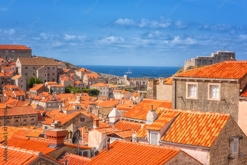 Red tiled roofs of Dubrovnik Old Town, view from the ancient city wall. The world famous and most visited historic city of Croatia, UNESCO World Heritage site