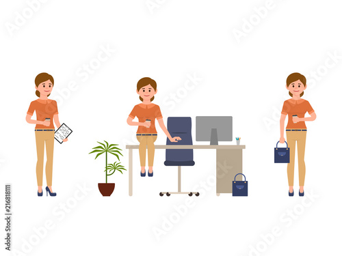 Happy office woman drinking coffee at work cartoon character. Friendly business worker gril