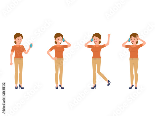 Business woman using smartphone cartoon character. Sad, happy, angry, surprised phone call