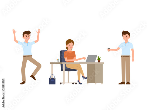 Young woman sitting at the desk, using laptop. Young man holding coffee, happily laughing. Cartoon character casual look