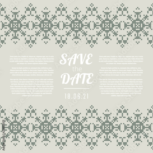Save the Date invitation. Wedding card with green ornate borders.