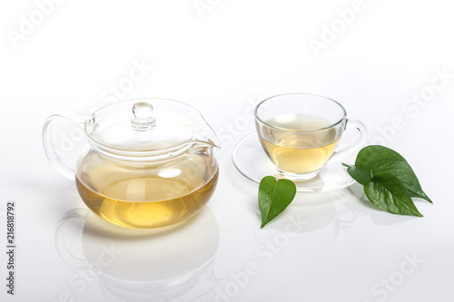 asian tea set with leaf isolated white