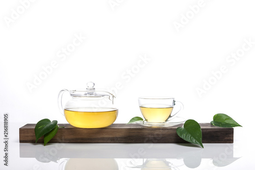 asian tea set with leaf isolated white