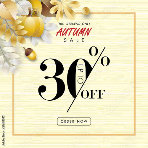 autumn sale banner background ,thirty percent sale off with golden leaf on wood texture vector or illustration