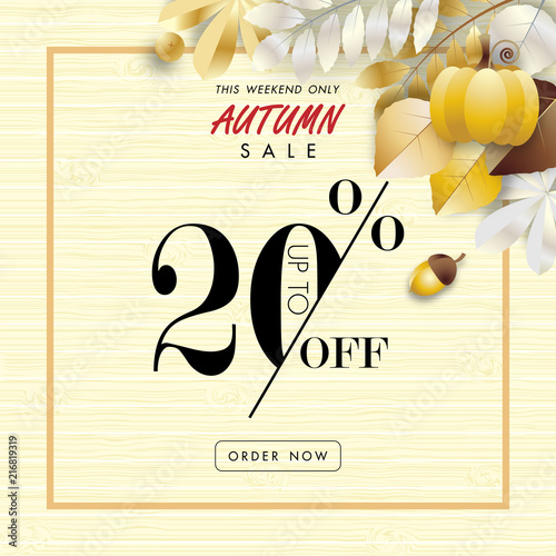 autumn sale banner background ,twenty percent sale off with golden leaf on wood texture vector or illustration