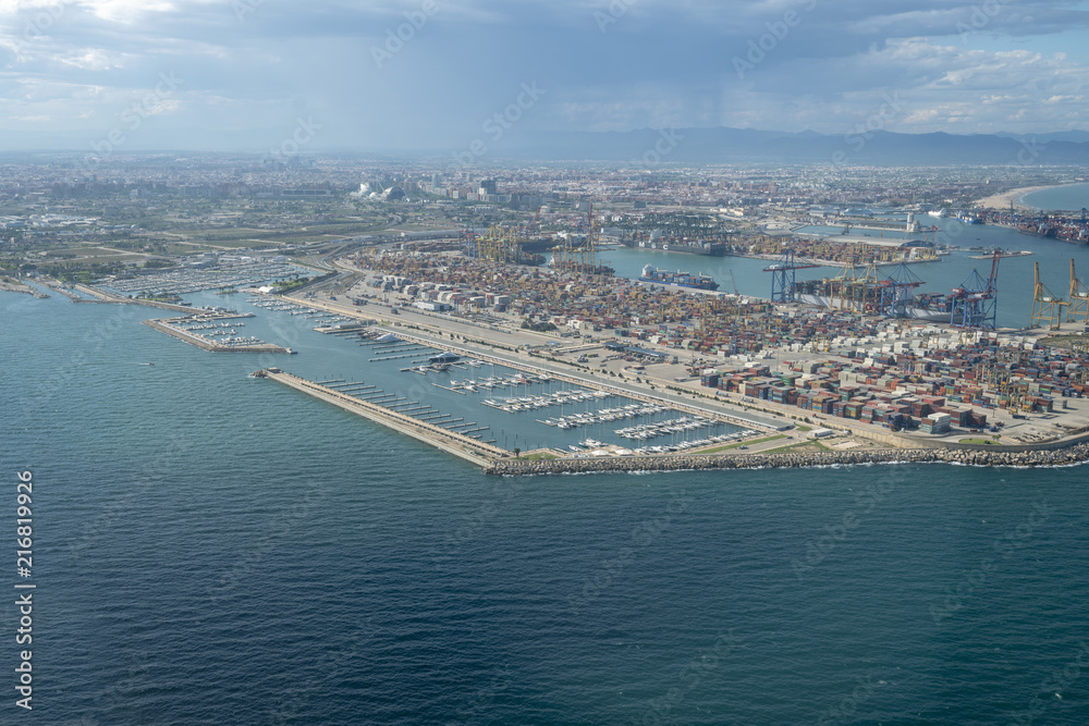 Overflying port of Valencia. View from a light aircraft.