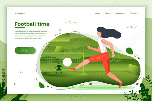 Vector illustration - girl football player. Goalkeeper and stadium with scoreboard on background. Banner, site template with place for your text.