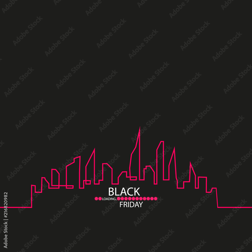 Black Friday in the City the Perfect Sale. White Ribbon Banner in Flat Style on a Black Background with an Abstract City Skyline with Loading Bar. Vector Illustration