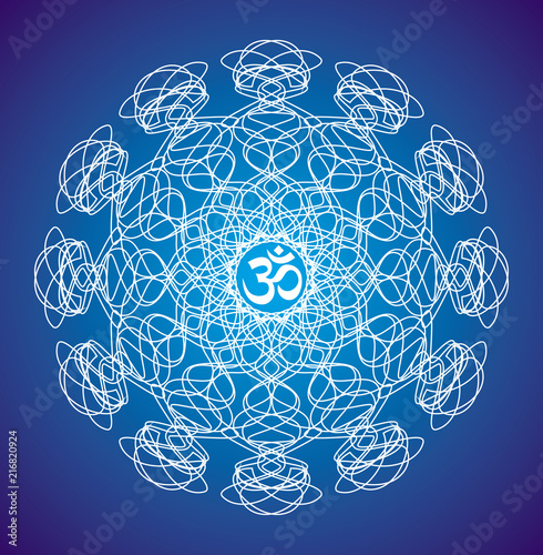 Openwork white mandala with the Aum / Om / Ohm sign on a blue background. A graceful geometric pattern. Spiritual symbol.   Vector picture graphics.