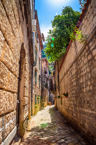 Beautiful narrow streets of old town Kotor  Montenegro.