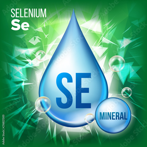 Se Selenium Vector. Mineral Blue Drop Icon. Vitamin Liquid Droplet Icon. Substance For Beauty, Cosmetic, Heath Promo Ads Design. 3D Mineral Complex With Chemical Formula. Illustration