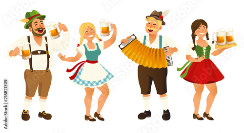 People in traditional German, Bavarian costume holding beer mugs, Oktoberfest, cartoon vector illustration isolated on white background. Full length portrait of German people in traditional costumes