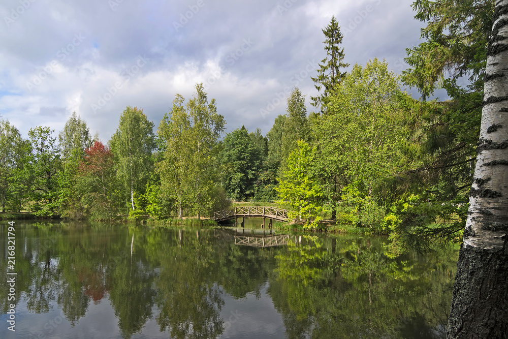 The autumn landscape. The pond. The bridge.