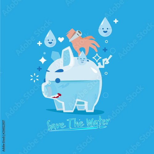human hand insterting droplet of water into glass piggy bank. come with "Save the water" text in fluid style. save the water concept.  - vector
