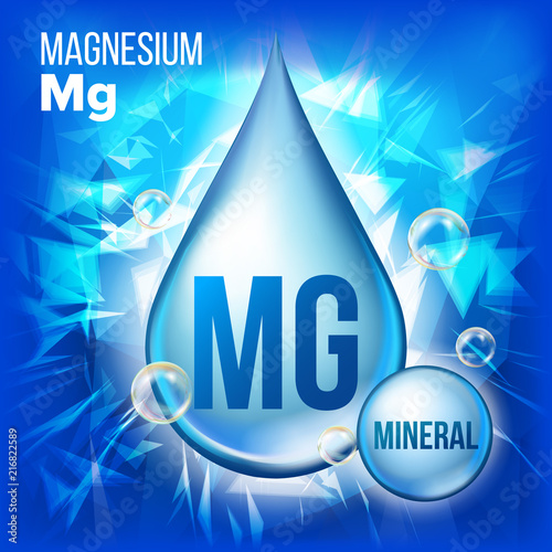 Mg Magnesium Vector. Mineral Blue Drop Icon. Vitamin Liquid Droplet Icon. Substance For Beauty, Cosmetic, Heath Promo Ads Design. 3D Mineral Complex With Chemical Formula. Illustration