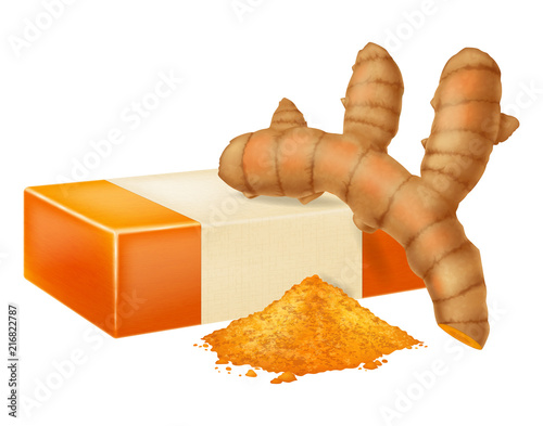 Natural handmade soap with turmeric powder and turmeric root. Vector illustration.