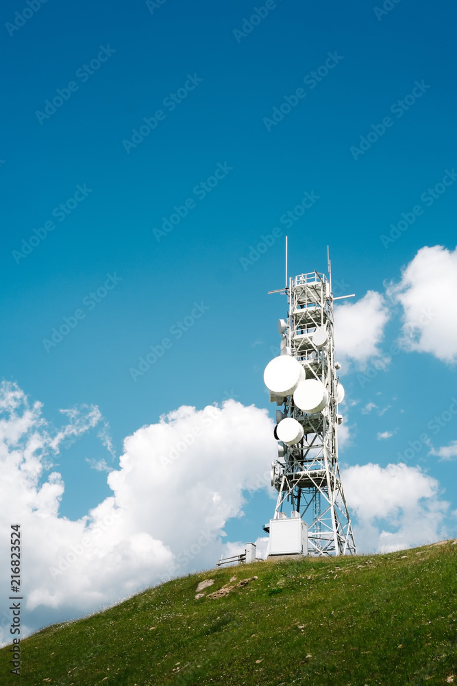 Telecommunication tower with many antennas and repeaters