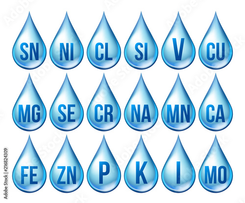 Mineral Icons Set Vector. Mineral Blue Drop Icon. Medicine Droplet. Substance. 3D Vitamin Complex With Chemical Formula. Liquid Isolated Illustration