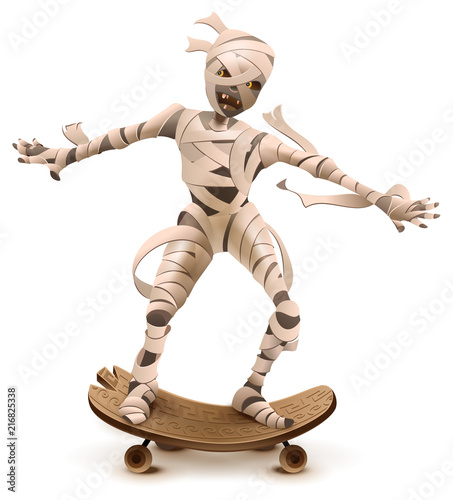Egyptian cartoon mummy monster roll on skateboard