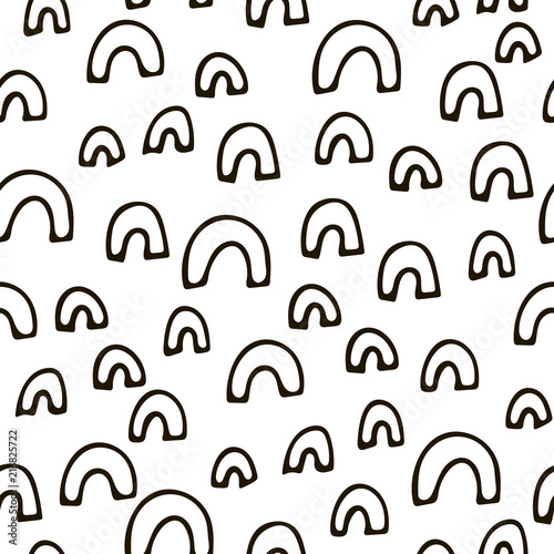 Hand drawn abstract seamless pattern with black linear cute arches. Funny background in Memphis style. Retro backdrop for wrapping paper, textile, fabric, web, card. Vector illustration.