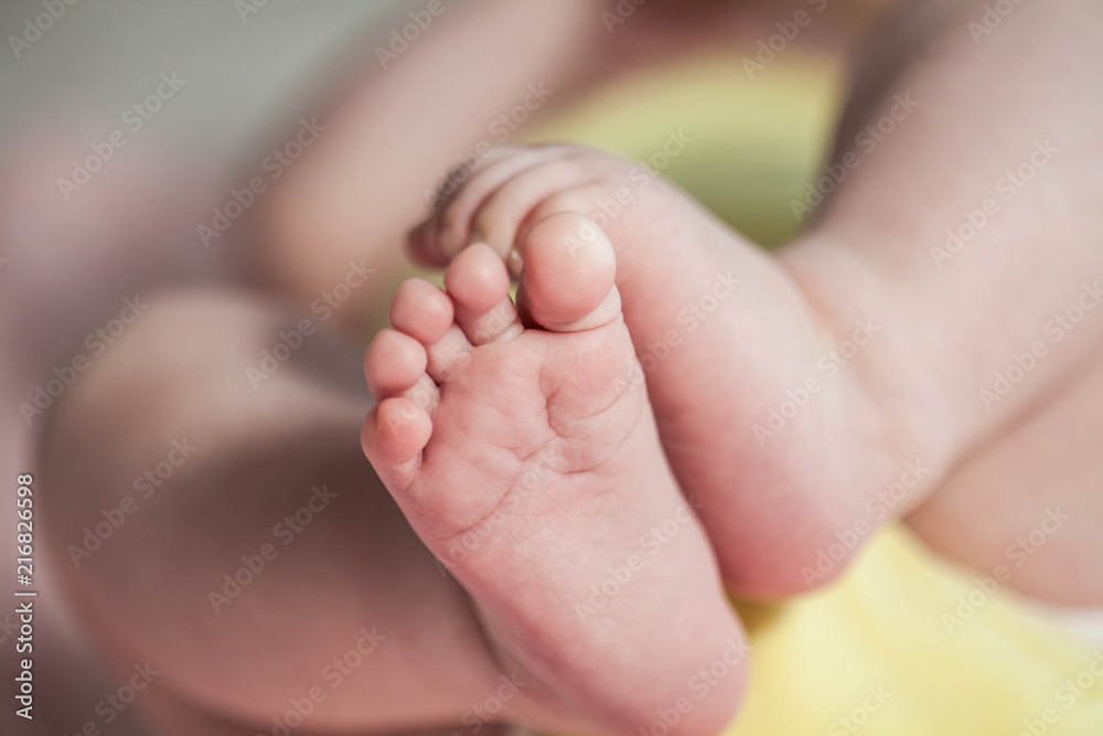 Close up of newborn baby feet. Baby legs on a pink background. The legs of a child on a knitted plaid. Cozy. Close up of newborn baby feet. Baby legs on a pink background. The legs of a child on a knitted plaid. Cozy.