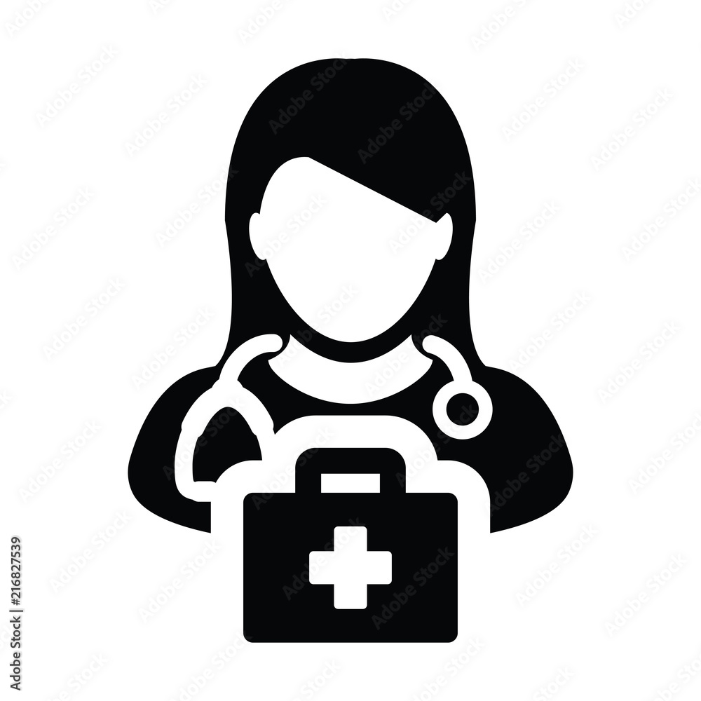 Health icon vector female doctor person profile avatar with Stethoscope and first aid kit bag for Medical Consultation in Glyph Pictogram illustration Health icon vector female doctor person profile avatar with Stethoscope and first aid kit bag for Medical Consultation in Glyph Pictogram illustration