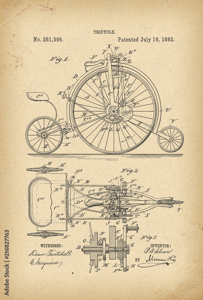1882 Patent Velocipede Tricycle Bicycle archival history invention