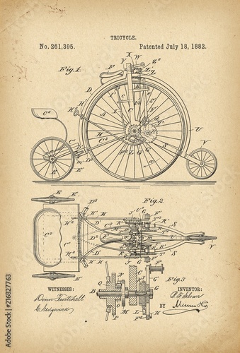 1882 Patent Velocipede Tricycle Bicycle archival history invention photo