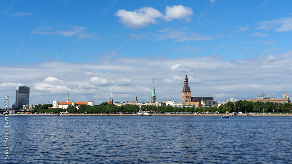 Panoramic view across Daugava river on Riga cathedral in old town, Latvia, July 25, 2018