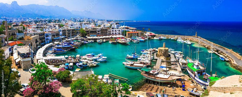 travel in Cyprus - turkish part Kyrenia. View of old port - obrazy, fototapety, plakaty 
