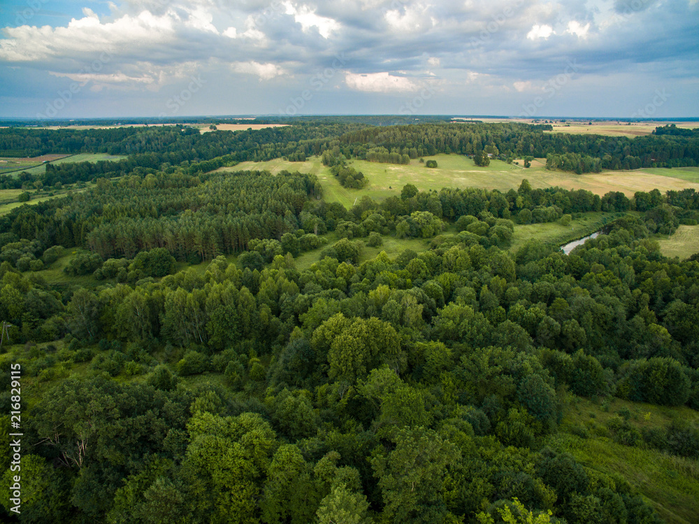 A beautiful view of the forest, fields and river from above. Drone photography 