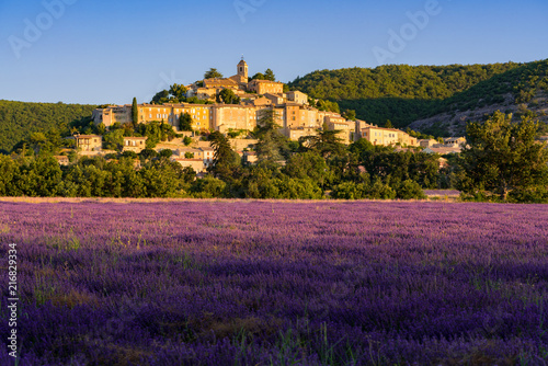 The village of Banon in Provence with lavender fields at sunrise. Summer in the Alpes-de-Hautes-Provence. Alps, France