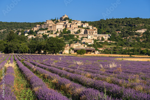 The village of Simiane-la-Rotonde in summer with lavender fields. Alpes-de-Hautes-Provence, Alps, France