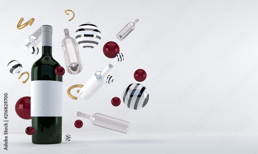 Bottle of white wine with bubbles. Abstract geometry background. 3d rendering Bottle of white wine with bubbles. Abstract geometry background. 3d rendering