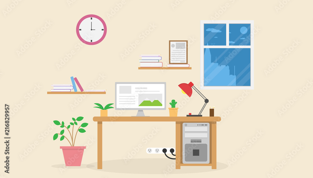 Interior office business.indoor background with table and computer.vector and illustration Interior office business.indoor background with table and computer.vector and illustration