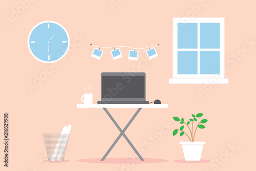 Interior office business.indoor background with table and computer.vector and illustration