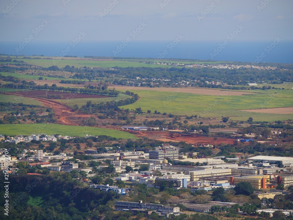 Mauritius west coast rural landscape viewed from mountain