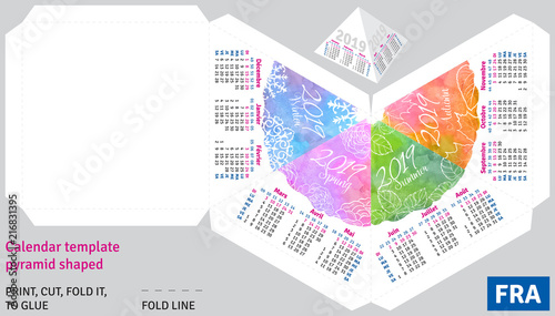 Template french calendar 2019 by seasons pyramid shaped, vector watercolor background